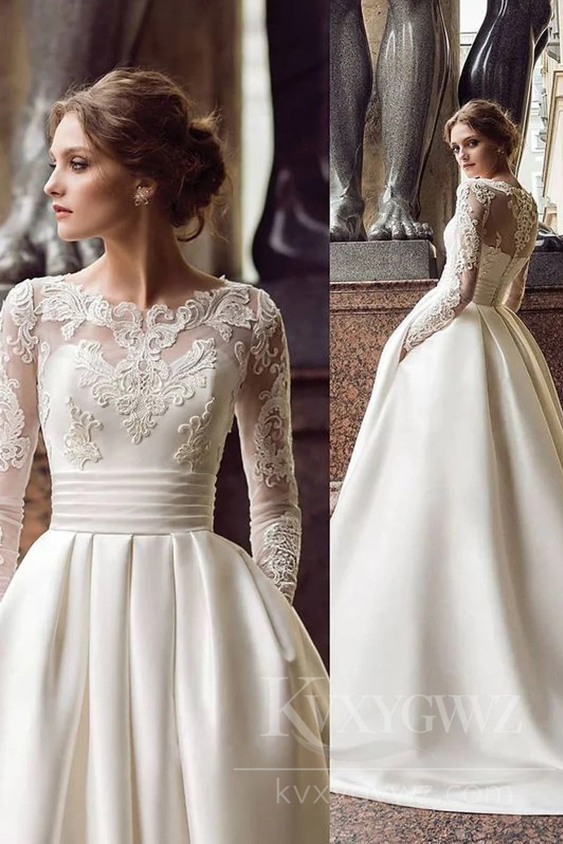 Elegant Satin Lace Wedding Dress with Long Sleeves for a Classic Bridal Look HS418