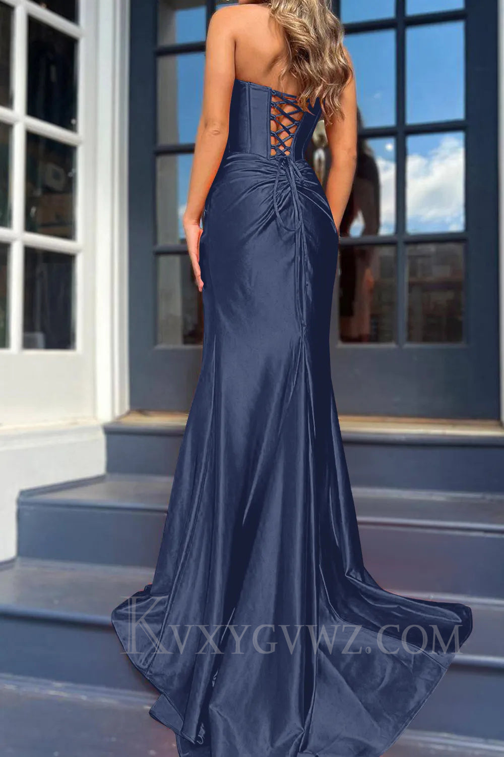 Royal Blue Corset Mermaid Draped Satin Long Prom Dress with Slit LF042