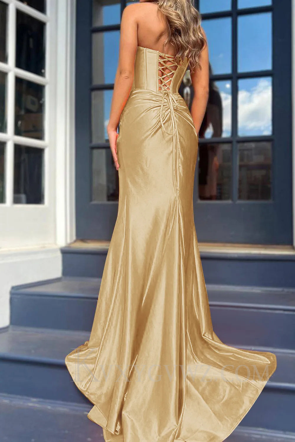Royal Blue Corset Mermaid Draped Satin Long Prom Dress with Slit LF042