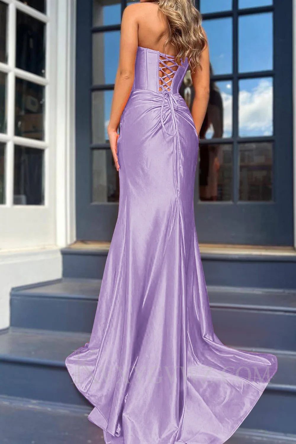 Royal Blue Corset Mermaid Draped Satin Long Prom Dress with Slit LF042