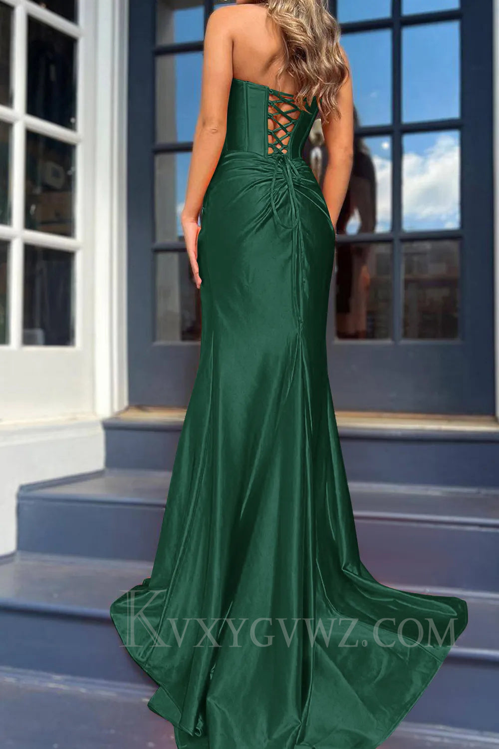Royal Blue Corset Mermaid Draped Satin Long Prom Dress with Slit LF042