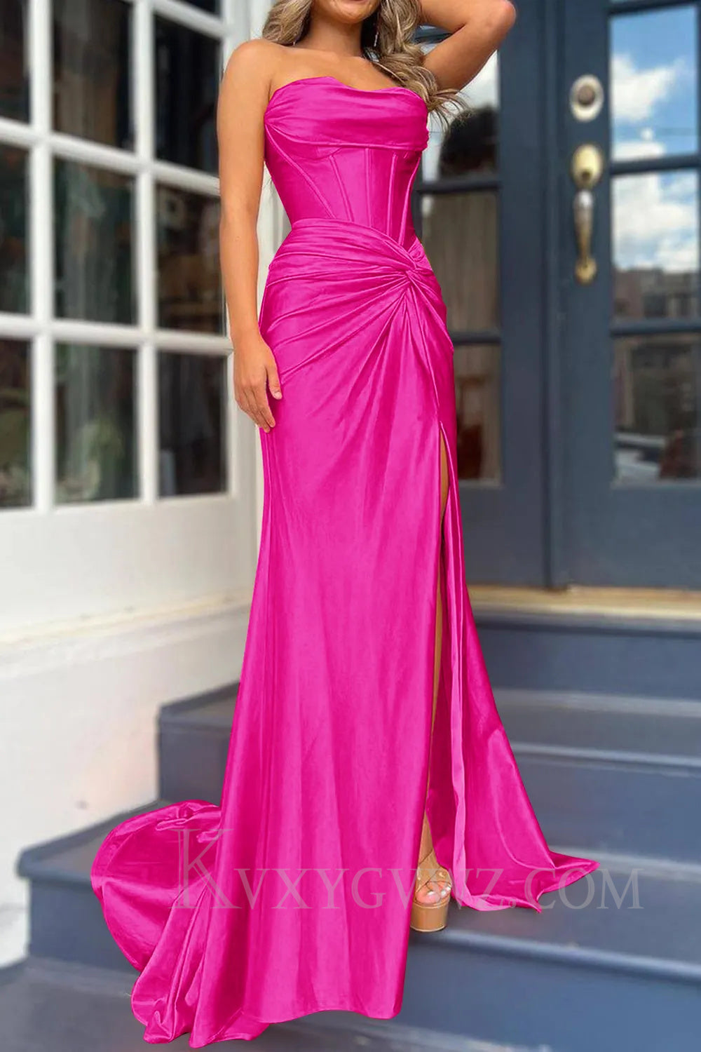 Royal Blue Corset Mermaid Draped Satin Long Prom Dress with Slit LF042
