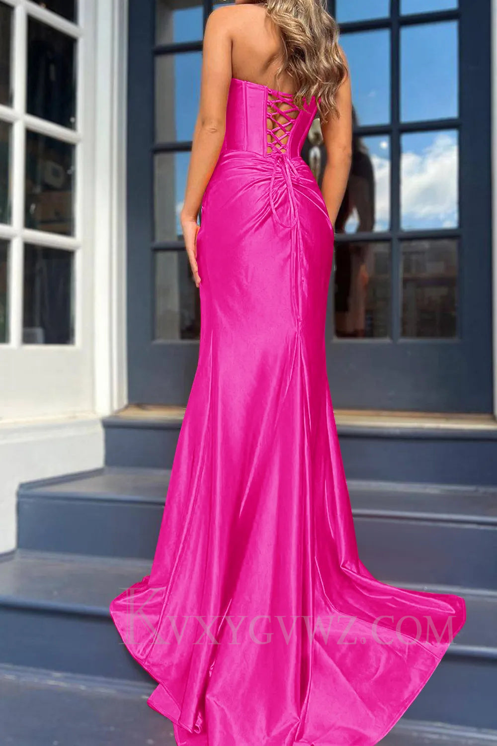 Royal Blue Corset Mermaid Draped Satin Long Prom Dress with Slit LF042