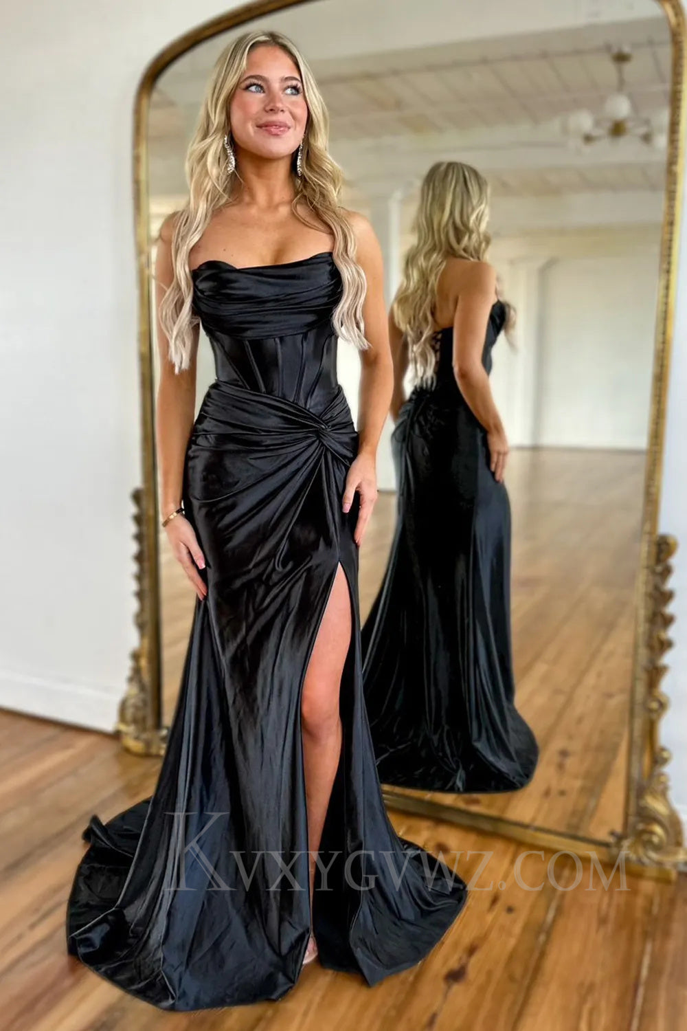 Royal Blue Corset Mermaid Draped Satin Long Prom Dress with Slit LF042