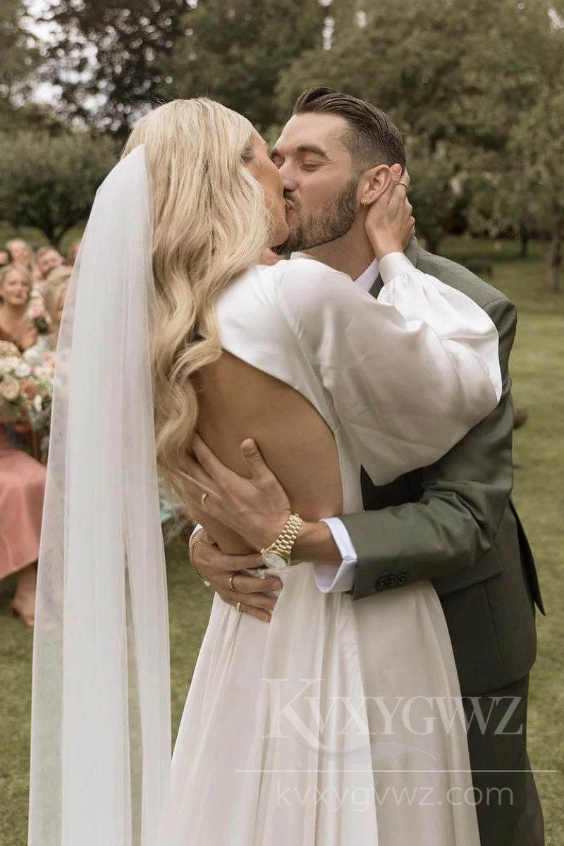 Elegant Satin Silk A-Line Wedding Dress with Long Sleeves V-neck Bridal Gown HS420