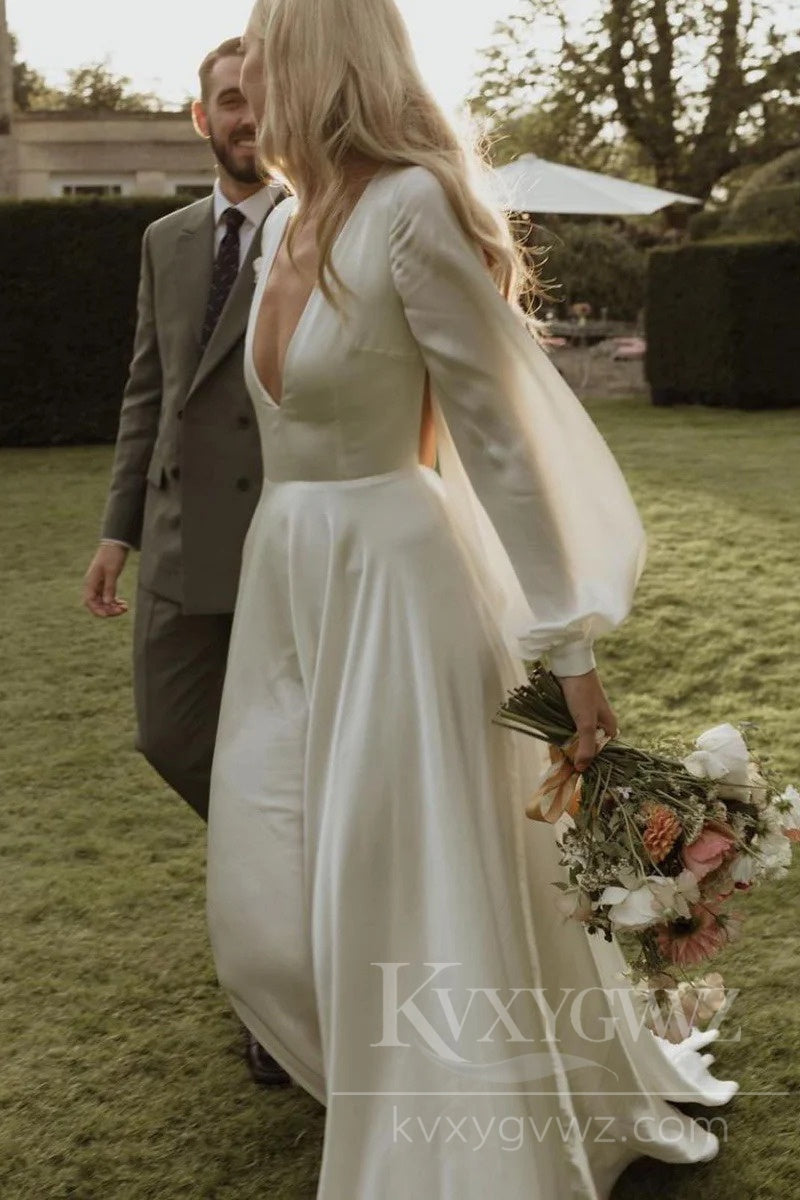 Elegant Satin Silk A-Line Wedding Dress with Long Sleeves V-neck Bridal Gown HS420