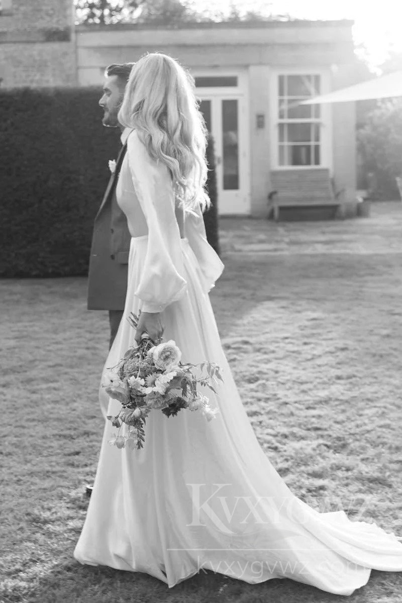 Elegant Satin Silk A-Line Wedding Dress with Long Sleeves V-neck Bridal Gown HS420