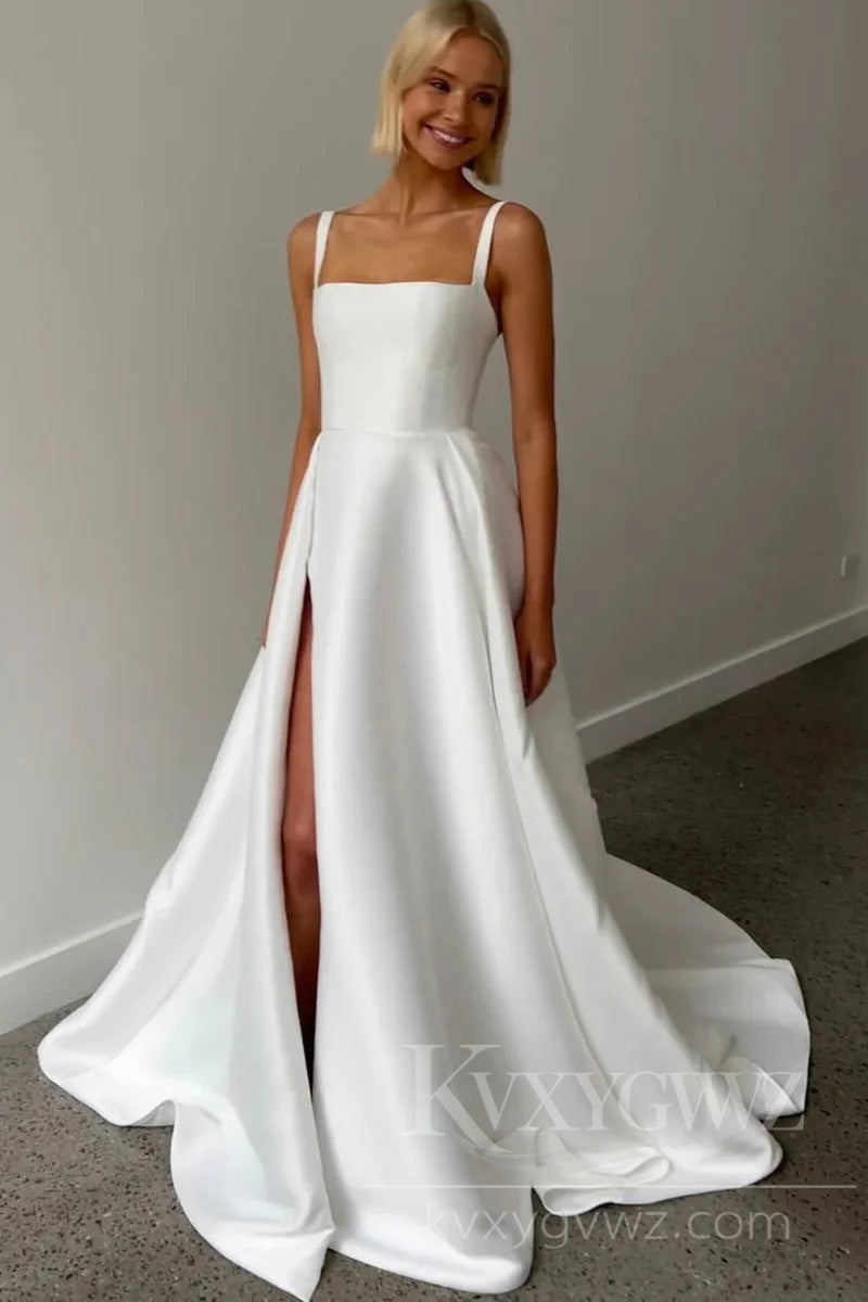 Modern Satin A-Line Wedding Dress with Sexy Slit and Spaghetti Straps HS422