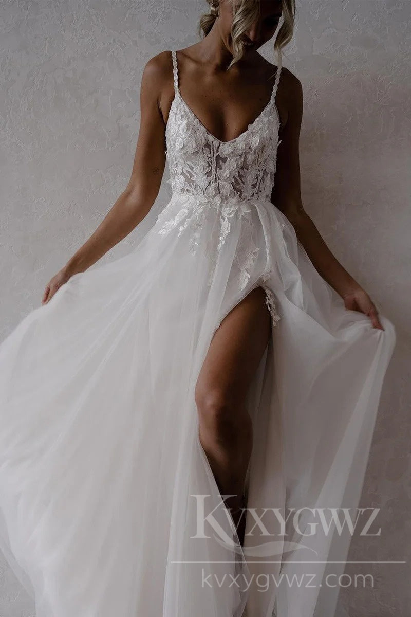 Chic Lace V-Neck Wedding Dress with Flowing Tulle Skirt for a Dreamy Bridal Look HS424