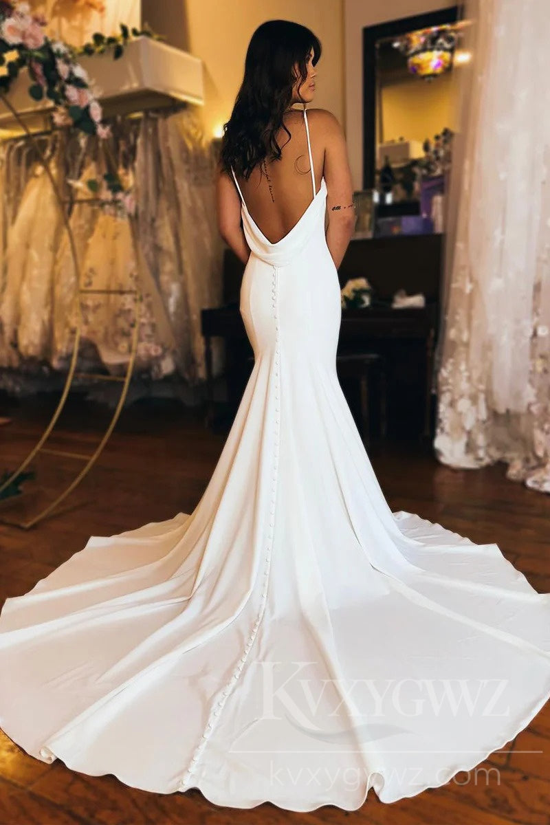 Modern Satin V-Neck Mermaid Wedding Dress with Elegant Train Bridal Gown HS425