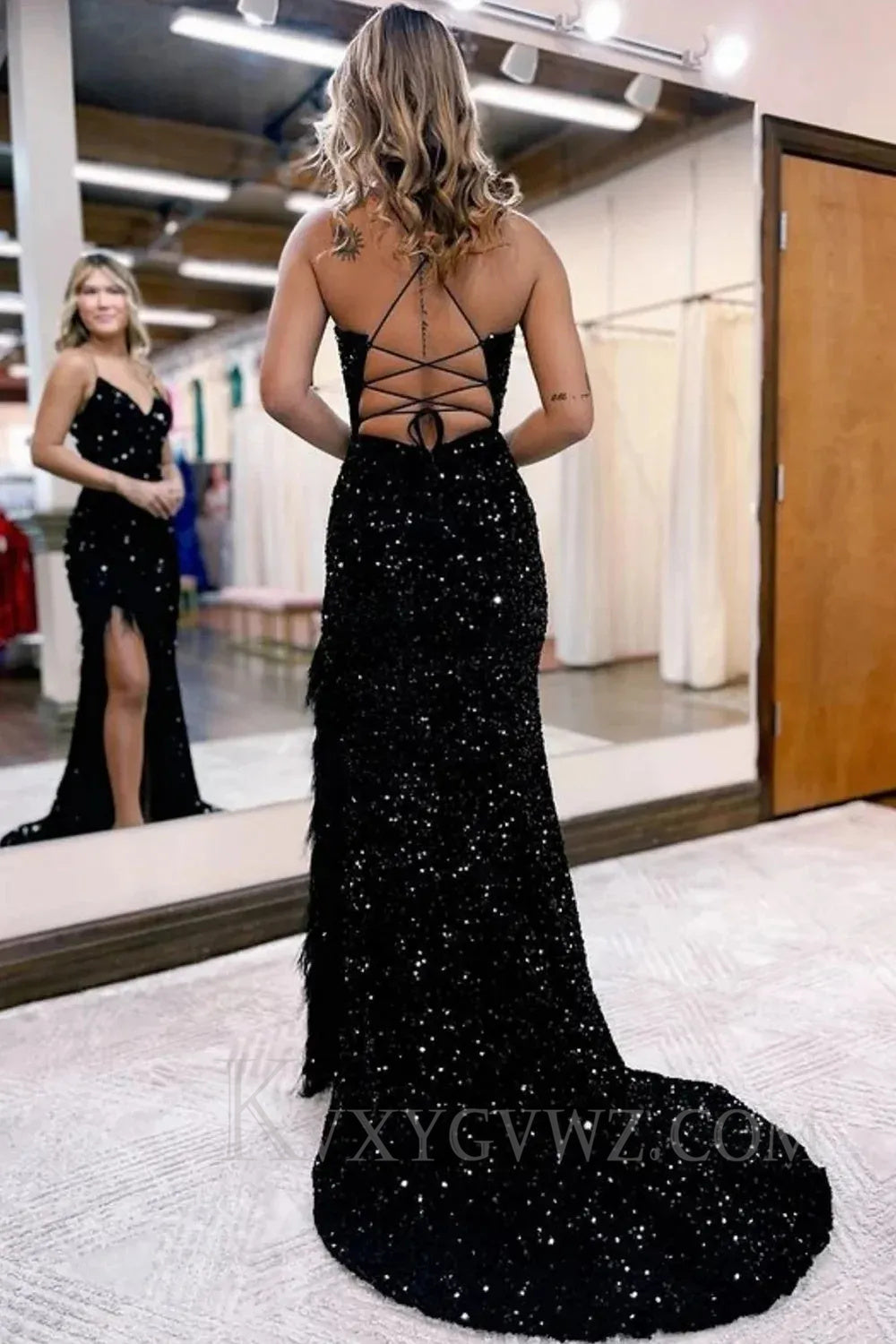 Sparkly Royal Blue Sequins Long Mermaid Prom Dress with Feathers LF043