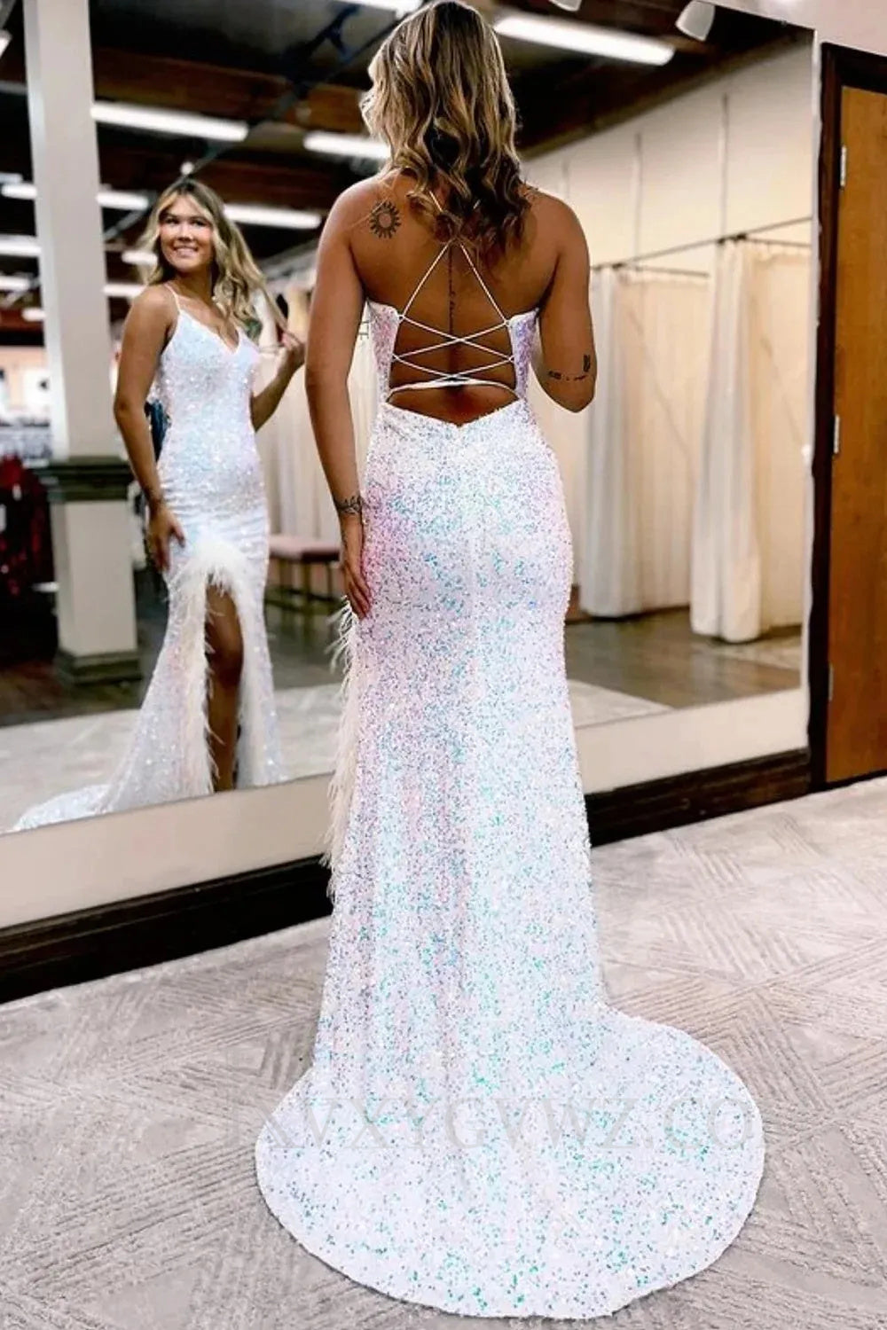 Sparkly Royal Blue Sequins Long Mermaid Prom Dress with Feathers LF043
