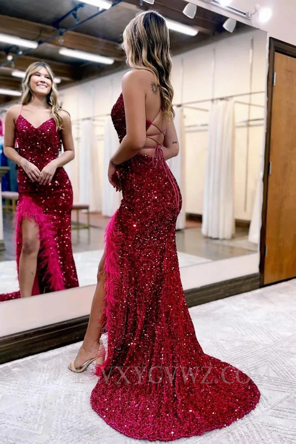 Sparkly Royal Blue Sequins Long Mermaid Prom Dress with Feathers LF043