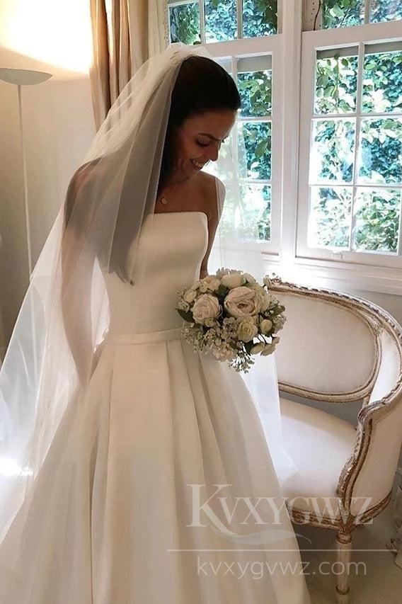Elegant Strapless Satin Wedding Dress with Pockets Sweep Train Bridal Gown HS430