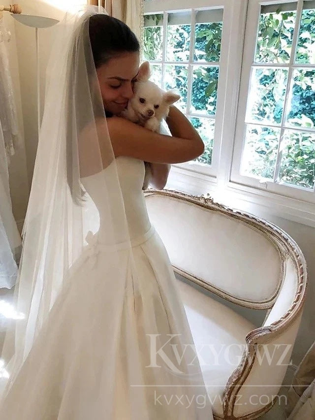Elegant Strapless Satin Wedding Dress with Pockets Sweep Train Bridal Gown HS430