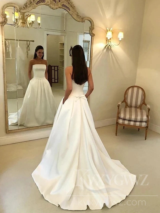 Elegant Strapless Satin Wedding Dress with Pockets Sweep Train Bridal Gown HS430