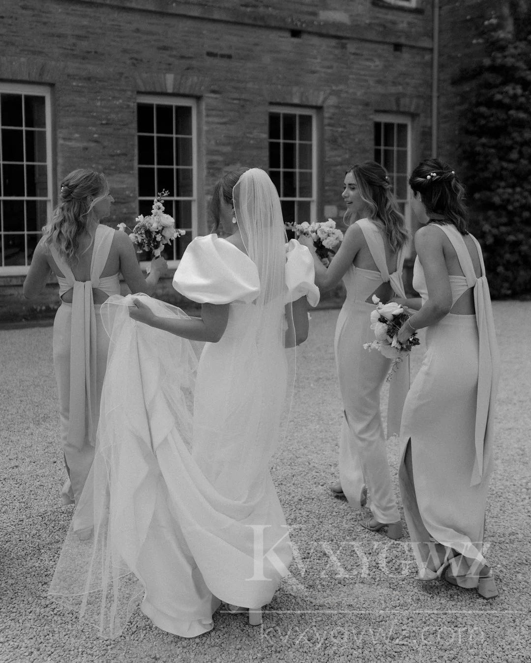Chic Satin V-Neck Puff Sleeves Wedding Dress Sweep Train Bridal Gown HS431