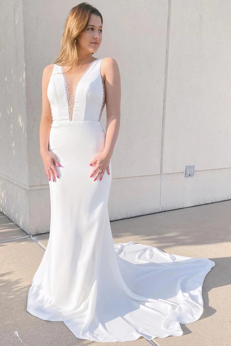 Chic Mermaid V Neck Satin Wedding Dresses Gown with Beading HS845
