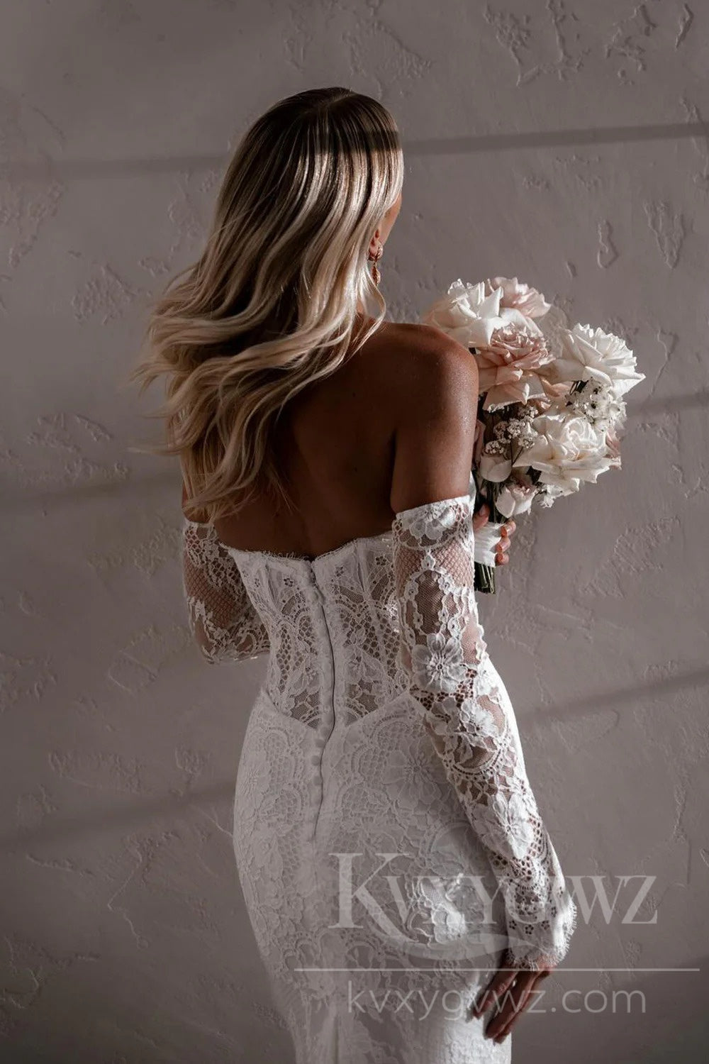 Elegant Off-Shoulder Lace Mermaid Wedding Dress with Long Sleeves Bridal Gown HS432