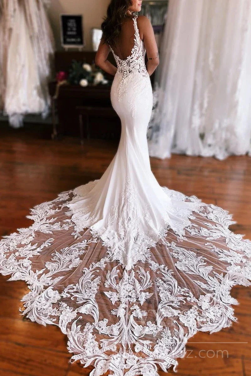 Elegant Satin V-Neck Lace Wedding Dress with Dramatic Train HS435
