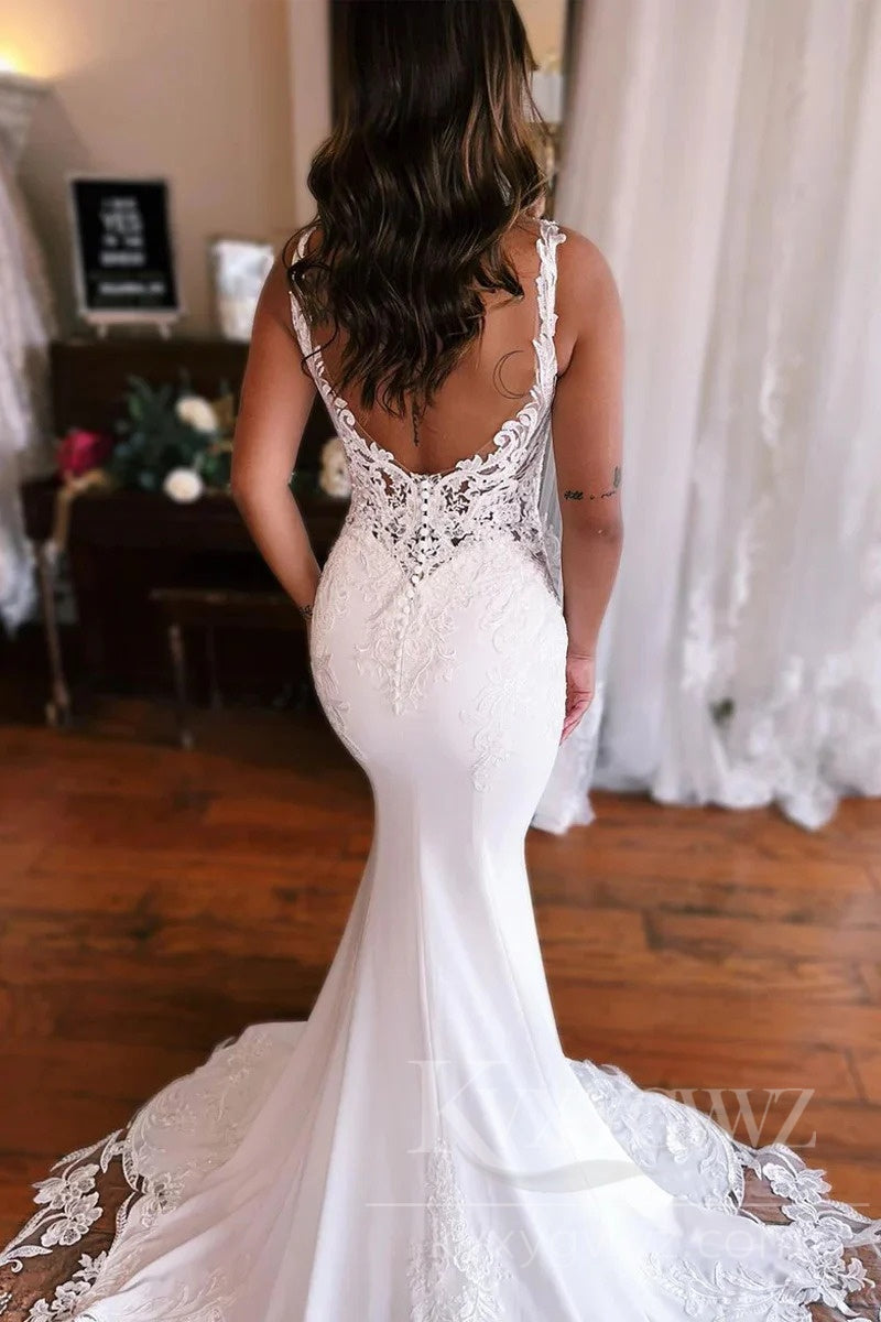 Elegant Satin V-Neck Lace Wedding Dress with Dramatic Train HS435
