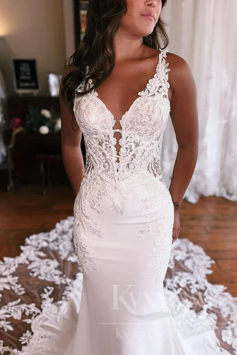 Elegant Satin V-Neck Lace Wedding Dress with Dramatic Train HS435