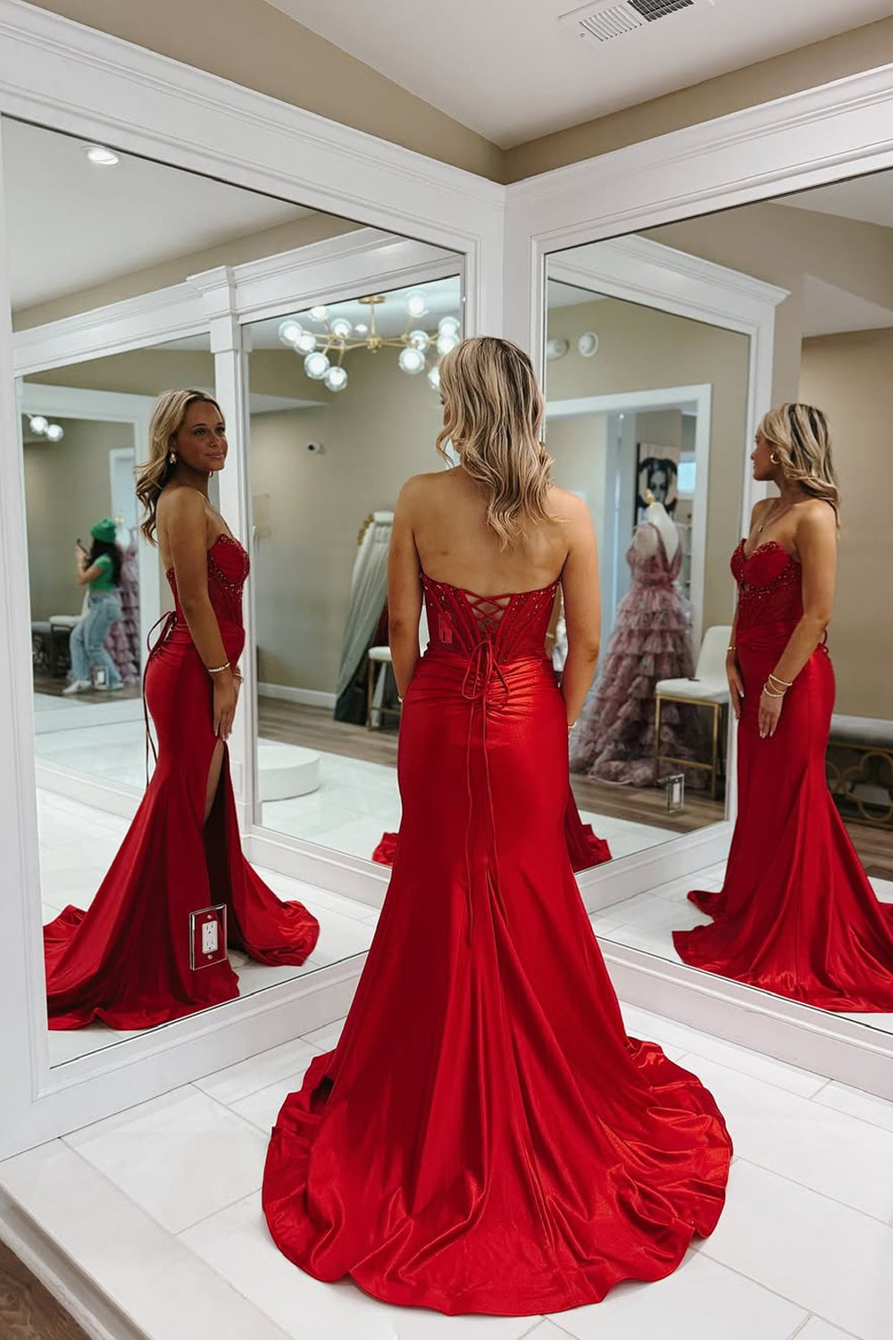 Mermaid Strapless Keyhole Red Satin Long Prom Dress Gown with Slit LF1242