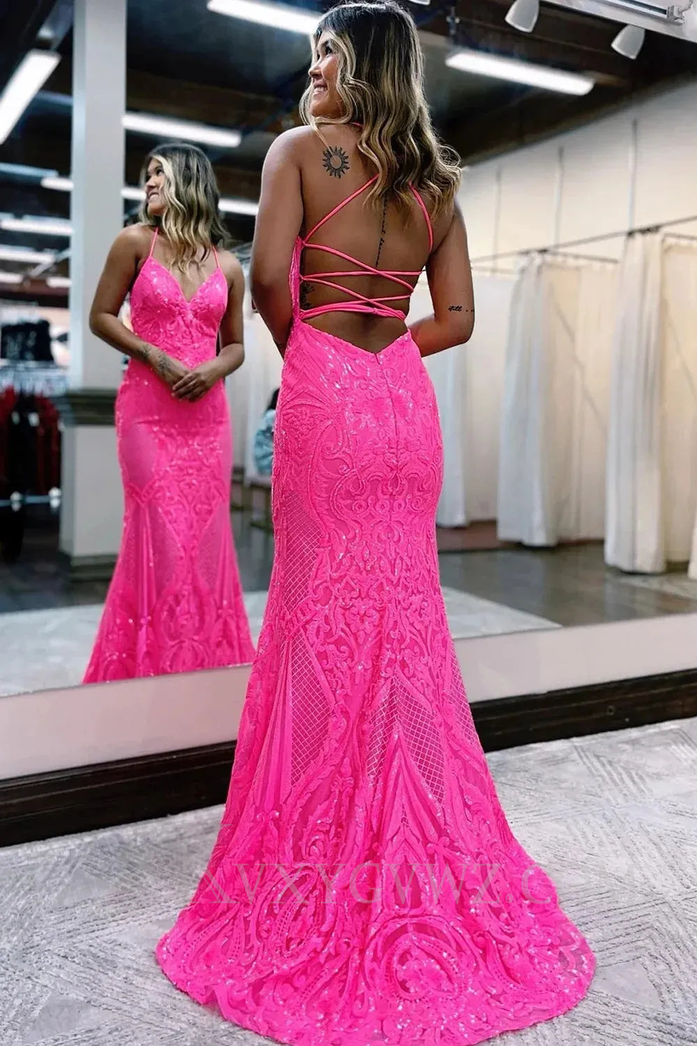 Sparkly Mermaid Backless Hot Pink Sequins Long Prom Dress LF044