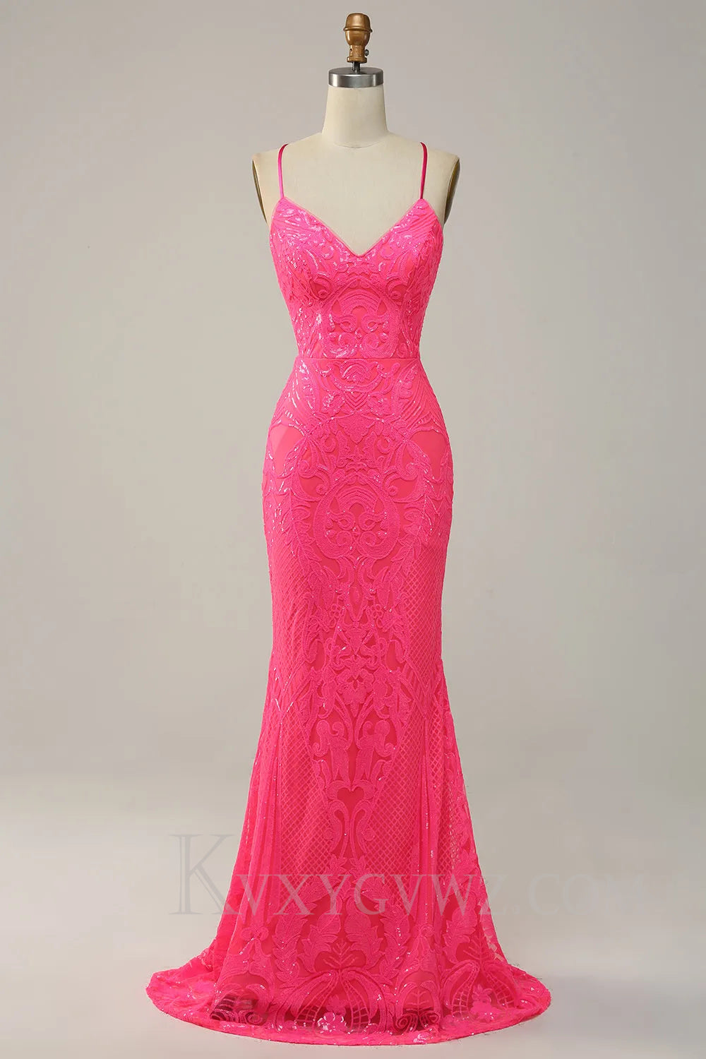 Sparkly Mermaid Backless Hot Pink Sequins Long Prom Dress LF044