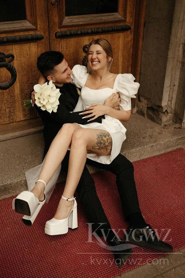 Chic Satin Puff Sleeves Short Wedding Dress Elegant Bridal Gown HS441