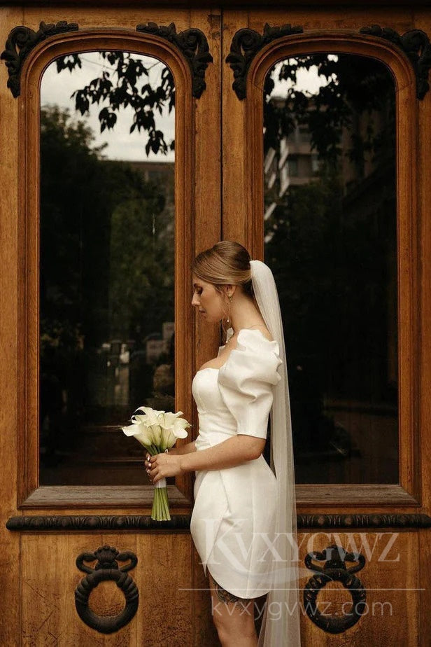 Chic Satin Puff Sleeves Short Wedding Dress Elegant Bridal Gown HS441