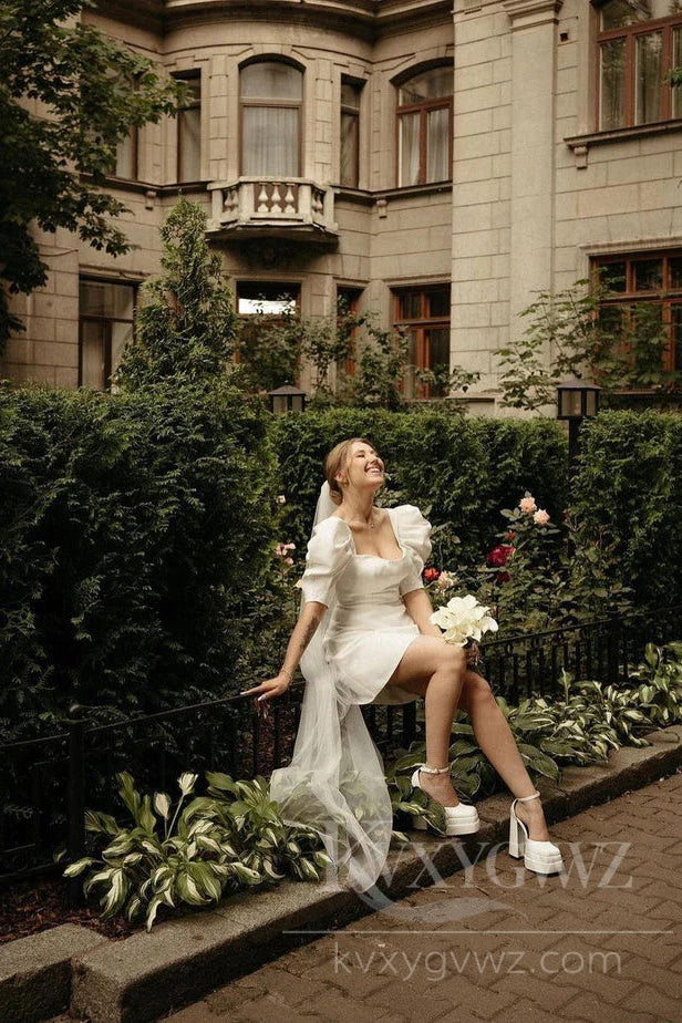 Chic Satin Puff Sleeves Short Wedding Dress Elegant Bridal Gown HS441