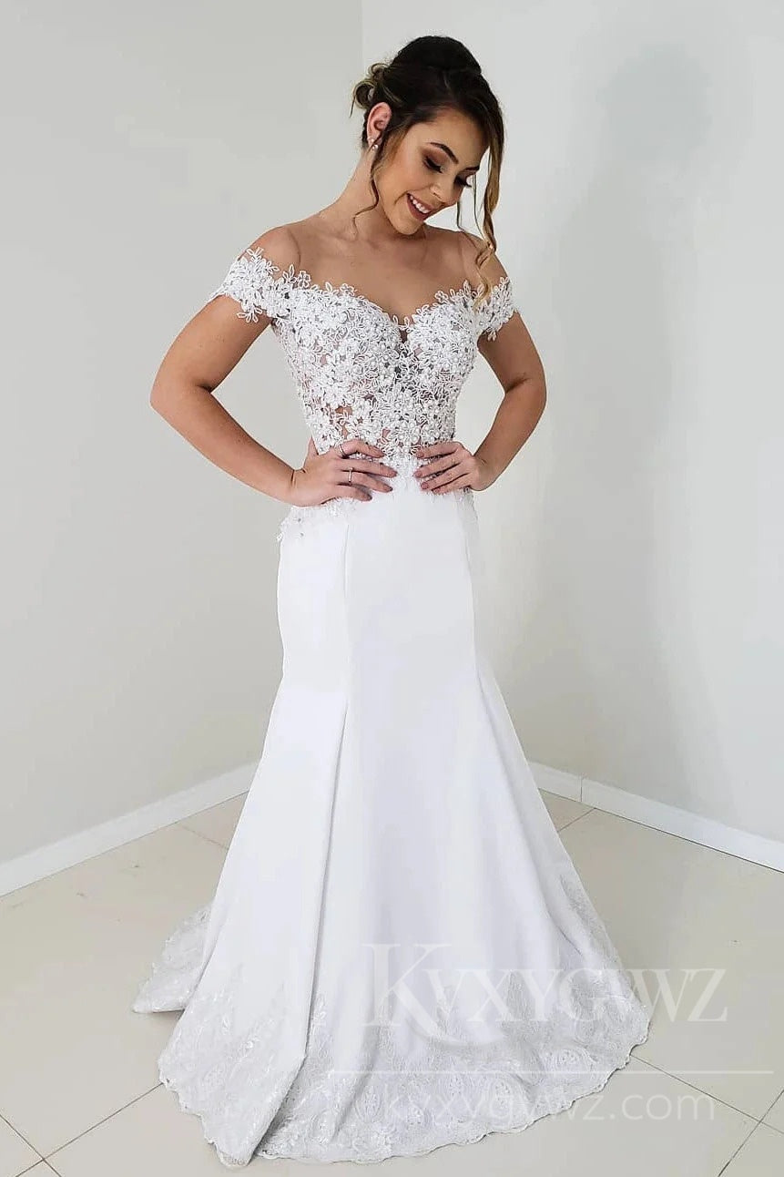 Off-Shoulder Lace and Satin Wedding Dress with Mermaid Silhouette Bridal Gown HS443