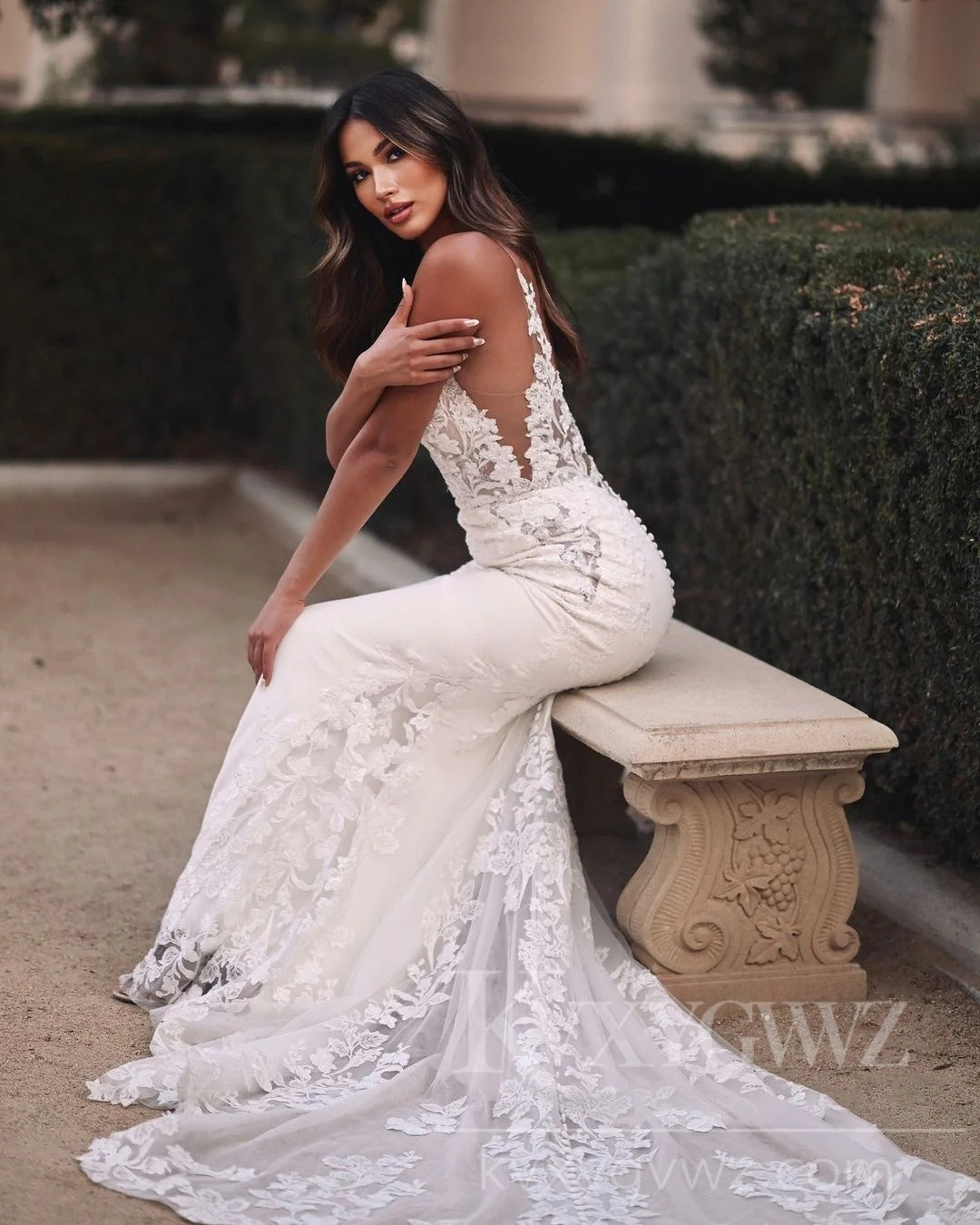 Elegant Lace and Satin V-Neck Wedding Dress with Train Bridal Gown HS445