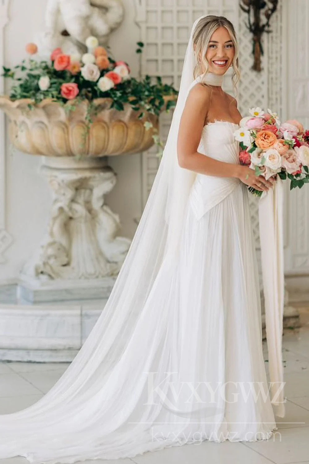 Ethereal Strapless A-Line Wedding Dress with Flowing Chiffon Bridal Gown HS450