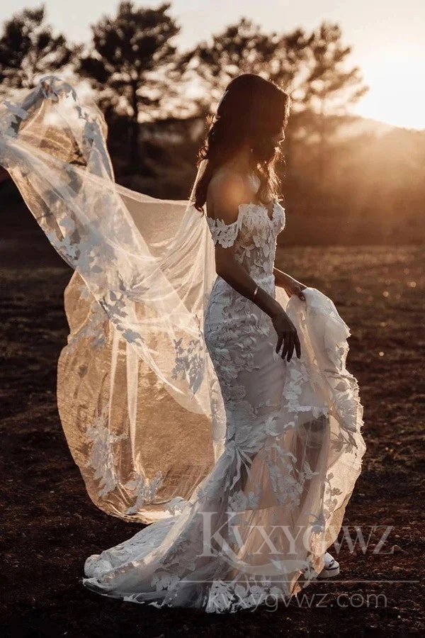 Floral Lace Off-the-Shoulder Mermaid Wedding Dress Sweep Train Bridal Gown HS451