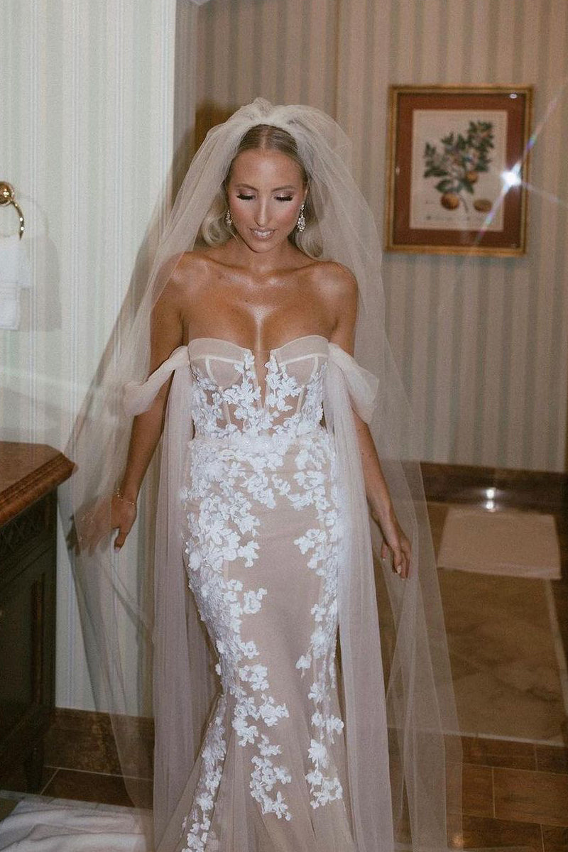 Glamorous Mermaid Off the Shouder Tulle Lace Wedding Dresses/Gowns HS23090607