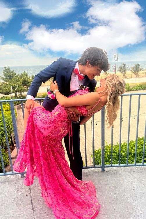Stunging Mermaid V Neck Pink Sequins Lace Long Prom Dress Gown with Slit LF1283