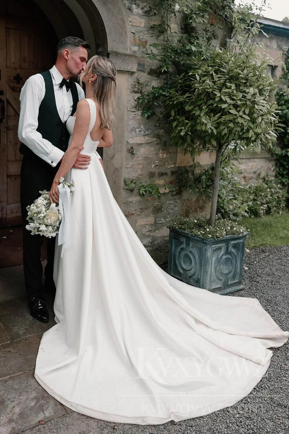 Elegant Satin A-Line Wedding Dress with Train Sweep Train Bridal Gown HS453