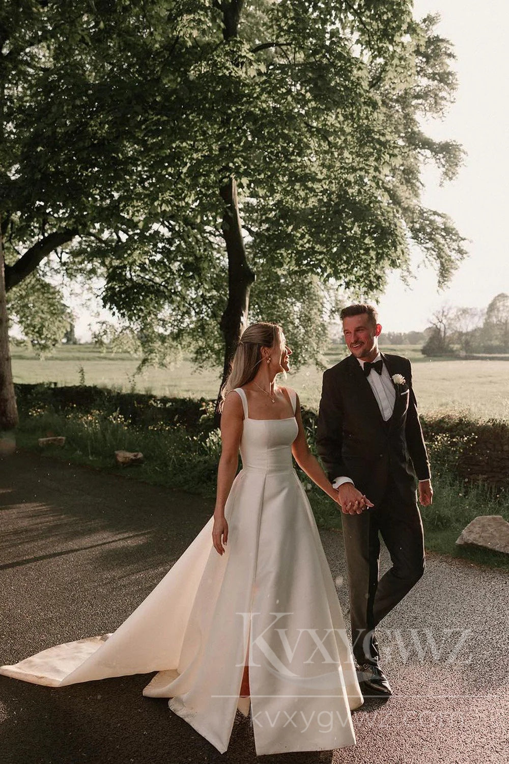 Elegant Satin A-Line Wedding Dress with Train Sweep Train Bridal Gown HS453
