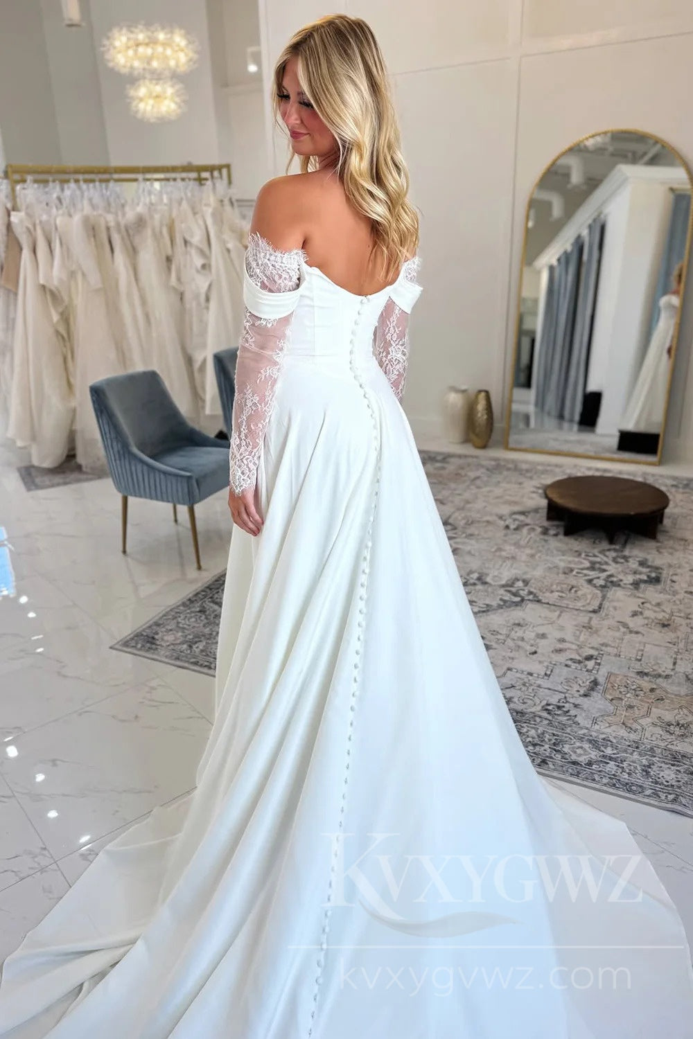 Elegant Satin Wedding Dress with Lace Long Sleeves High Split Bridal Gown HS455
