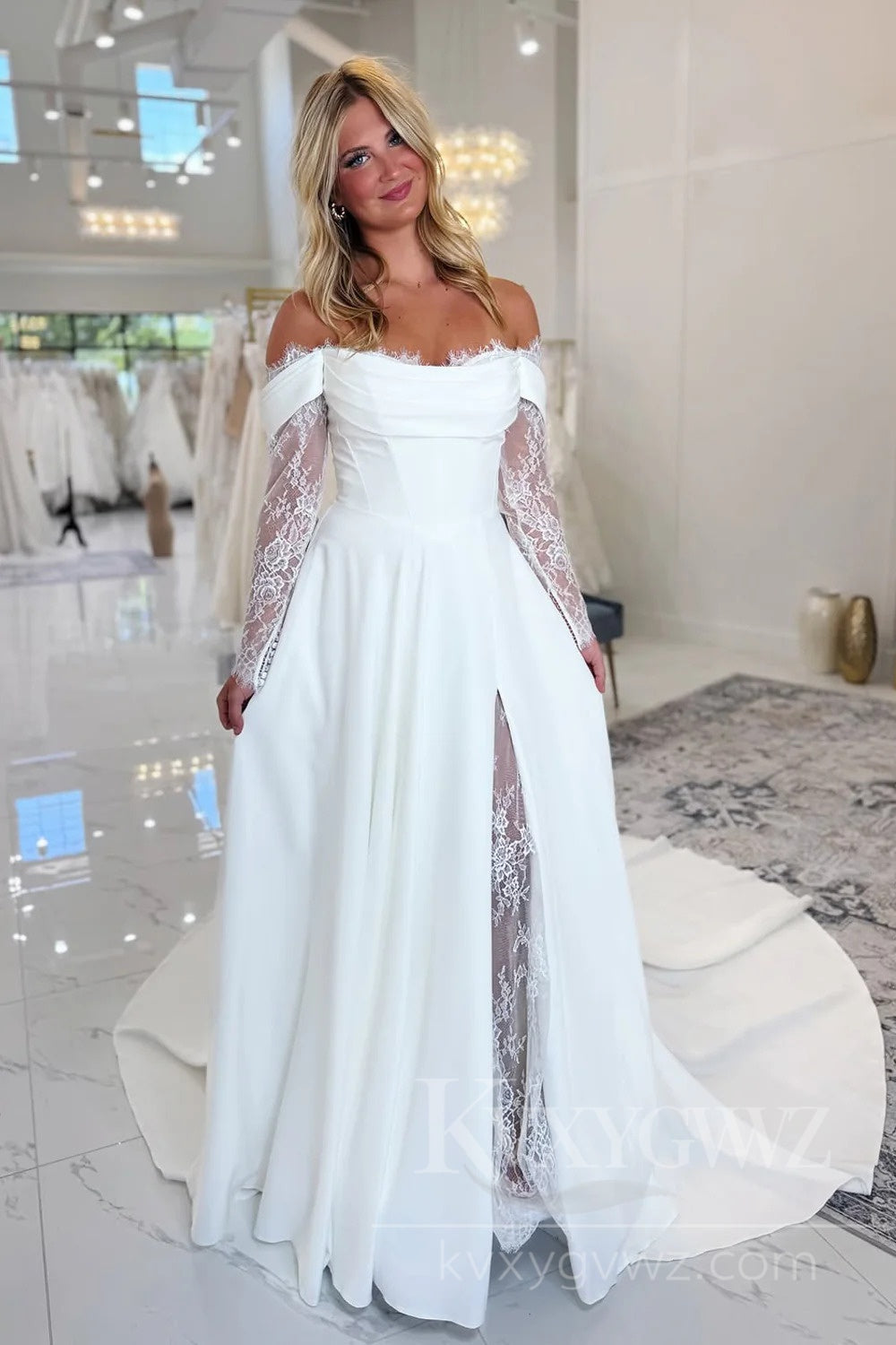 Elegant Satin Wedding Dress with Lace Long Sleeves High Split Bridal Gown HS455