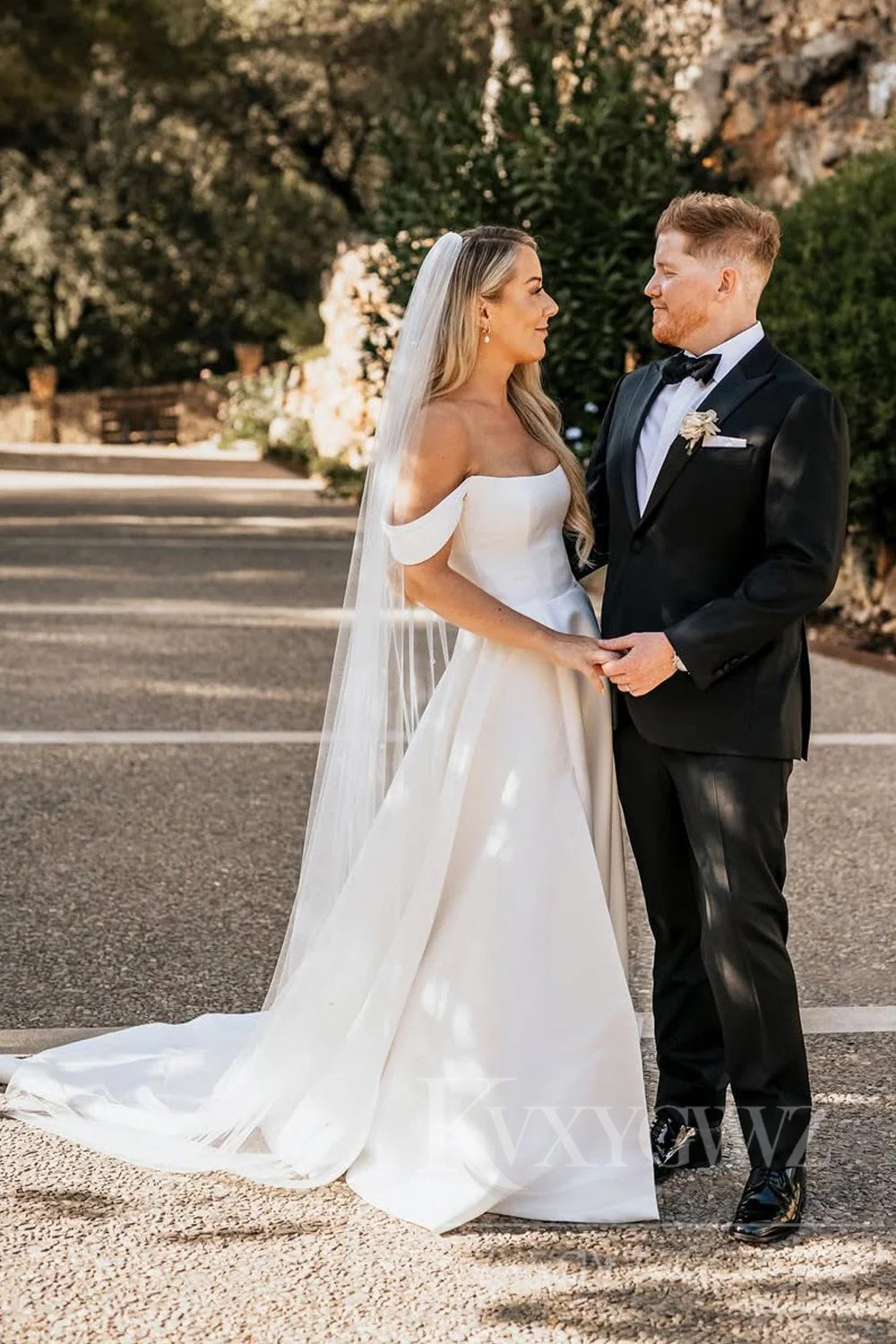 Elegant Off-Shoulder Satin Wedding Dress with Veil Sweep Train Bridal Dress HS459