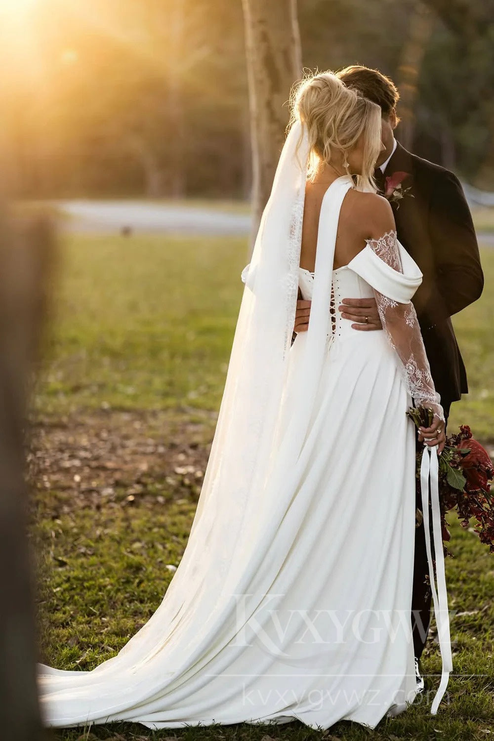 Romantic Off-Shoulder Long Sleeve Lace Wedding Dress Satin Bridal Gown HS463