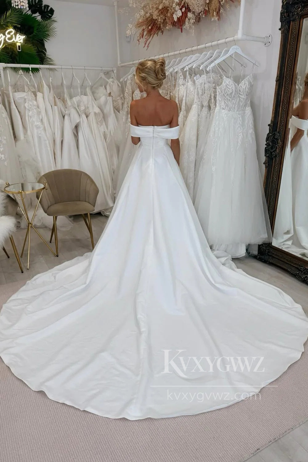 Off-the-Shoulder Satin Bridal Gown A-Line Wedding Dress with Slit HS469