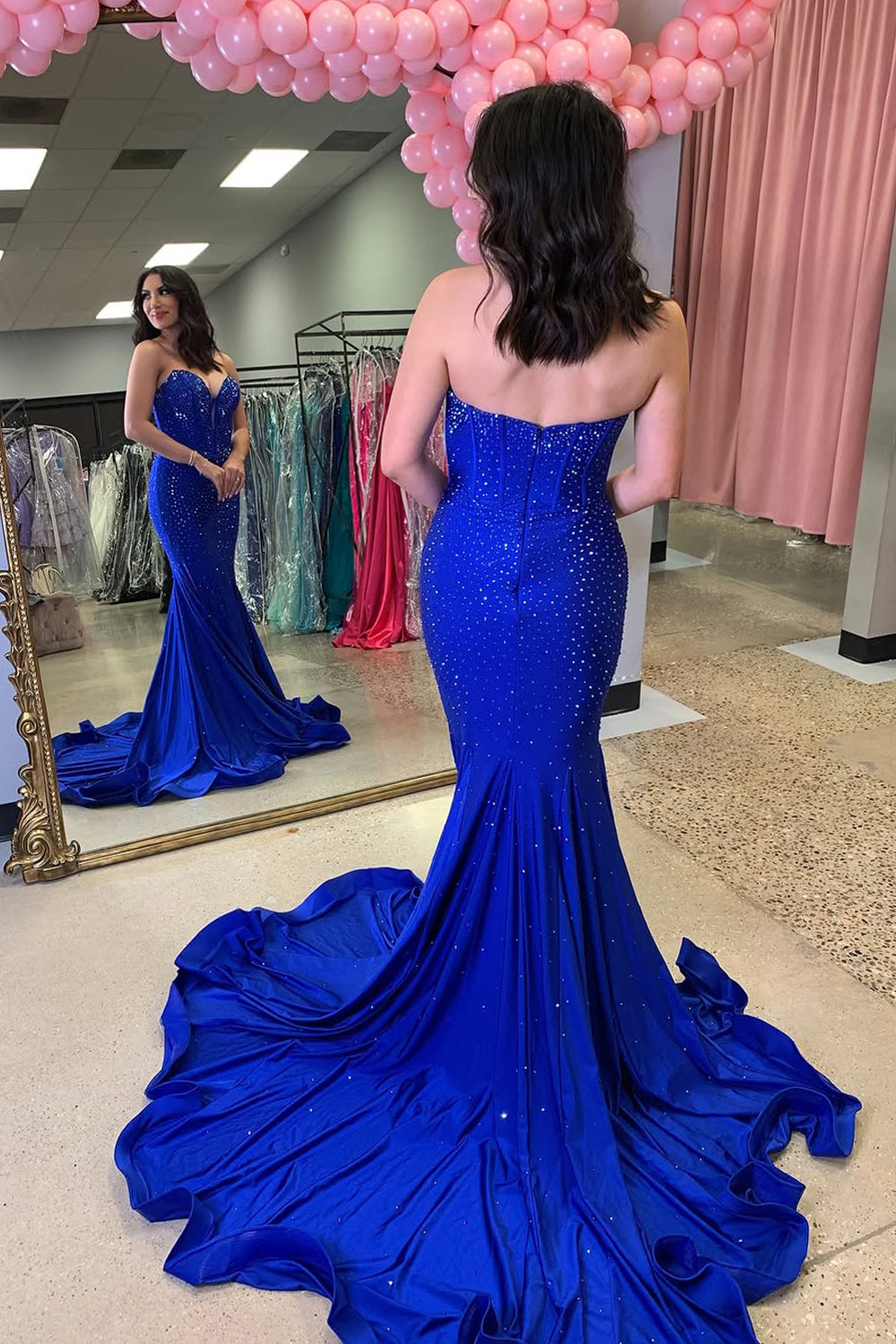 Mermaid Strapless Royal Blue Satin Long Prom Dress Gown with Beads LF1343