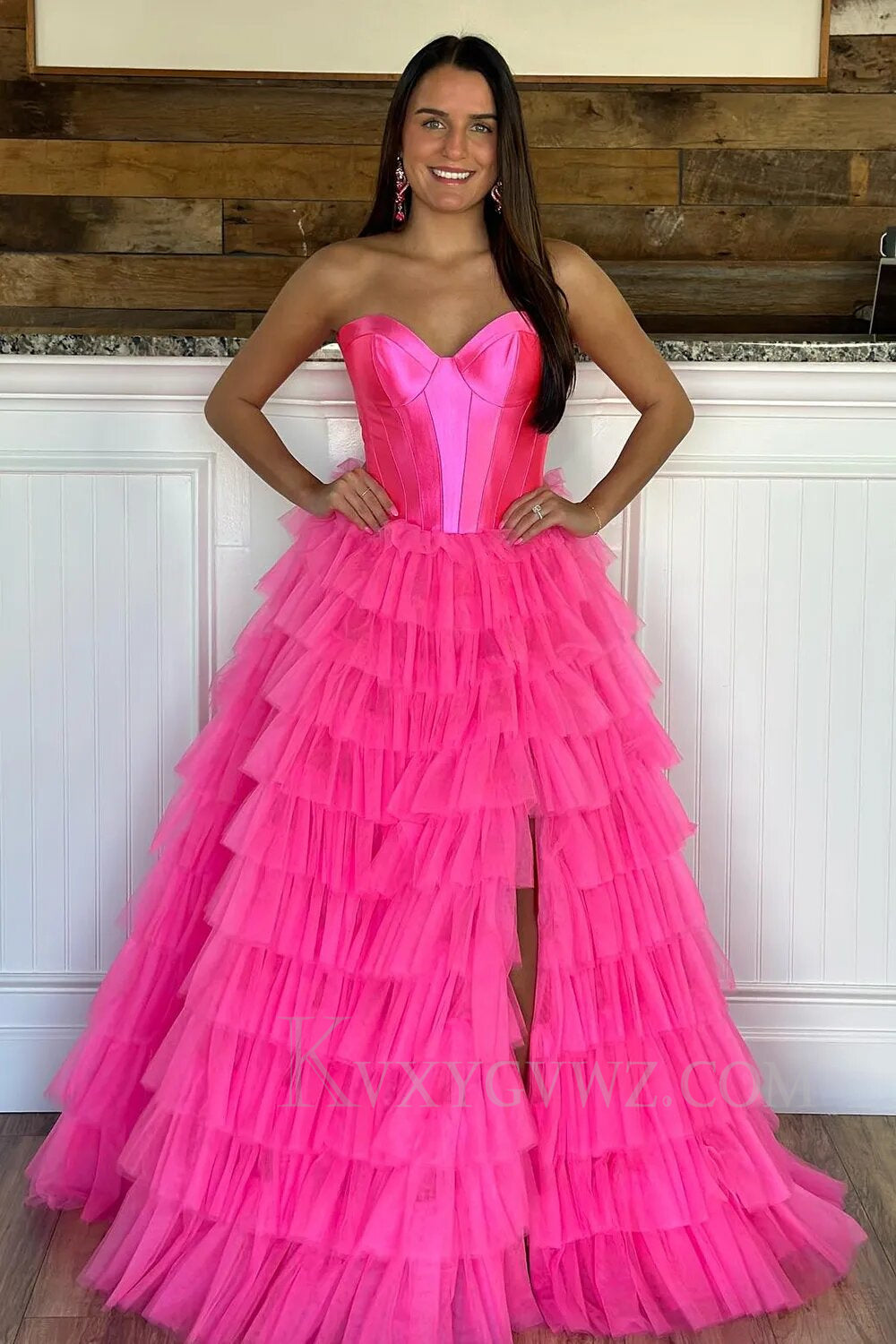 Black Corset Sweetheart A-Line Tiered Long Tulle Prom Dress with Slit LF047