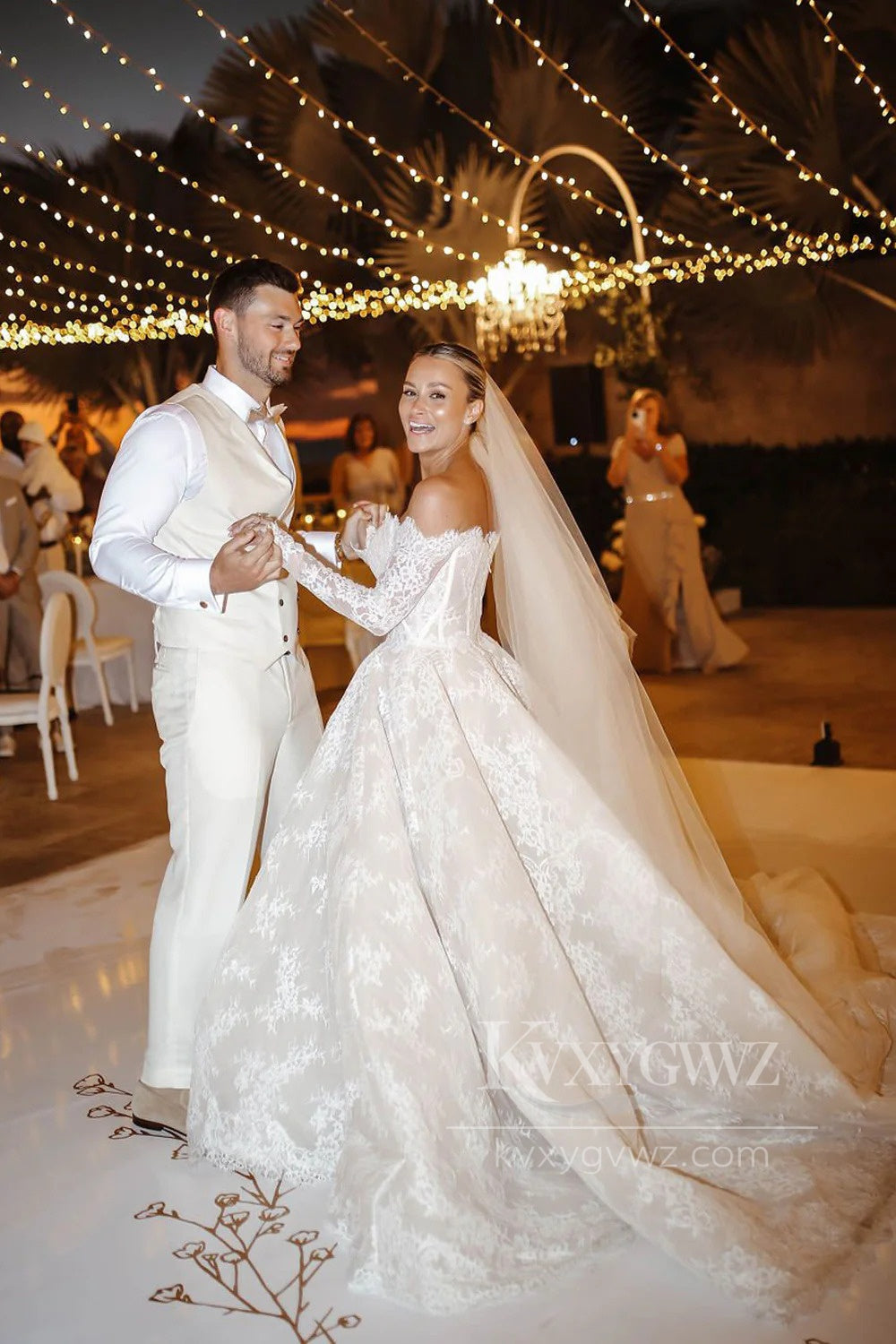 Lace Off-the-Shoulder Wedding Gown with Long Sleeves Sweep Train Bridal Gown HS470