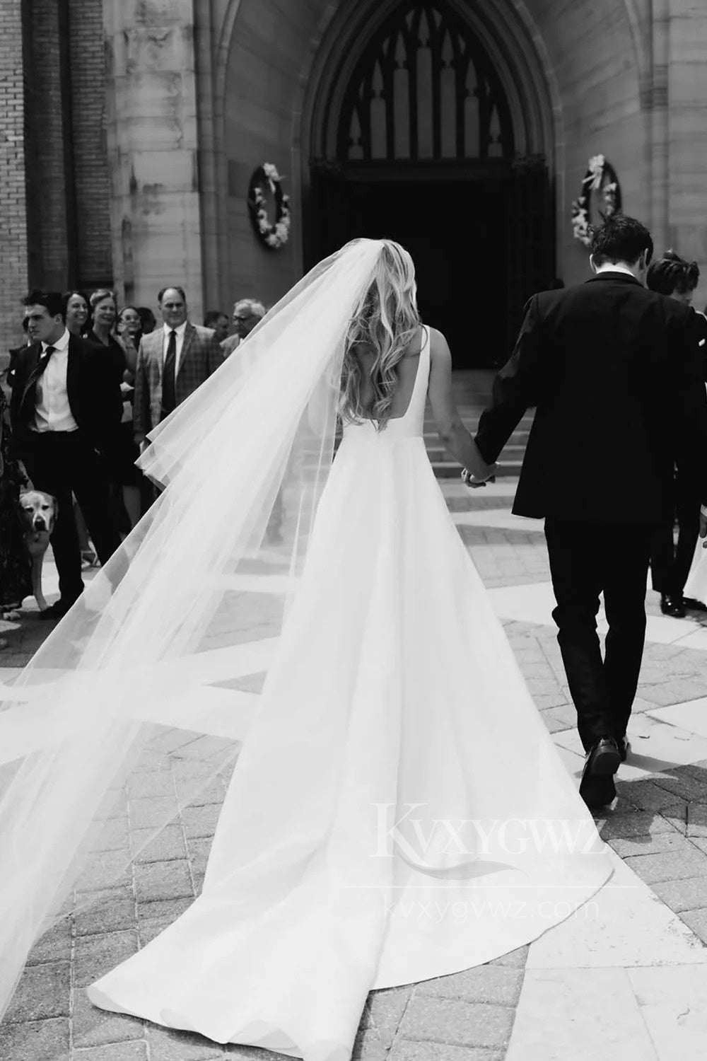 Elegant Satin A-Line Wedding Dress with Spaghetti Strap and Long Train Bridal Gown HS471