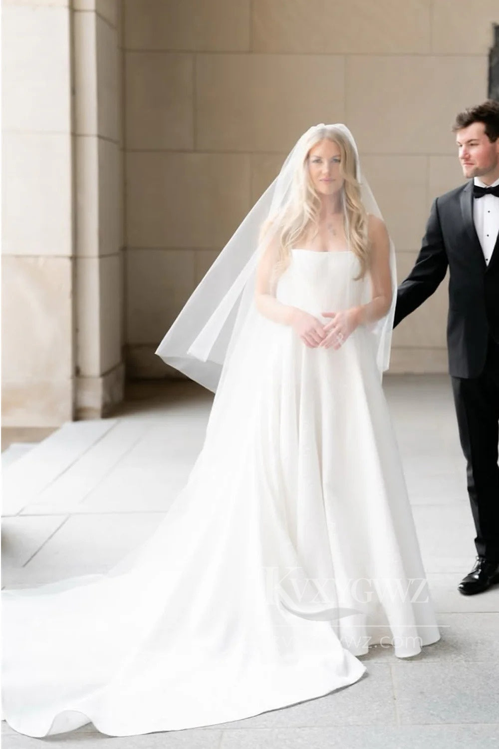Elegant Satin A-Line Wedding Dress with Spaghetti Strap and Long Train Bridal Gown HS471